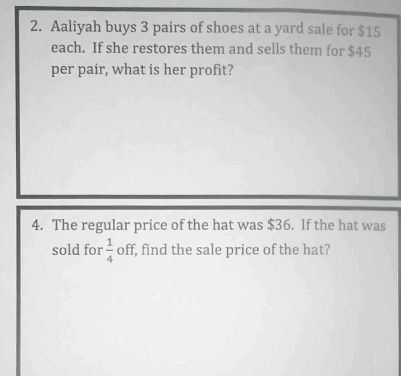 2. aaliyah buys 3 pairs of shoes at a yard sale for $15 each. if she re…