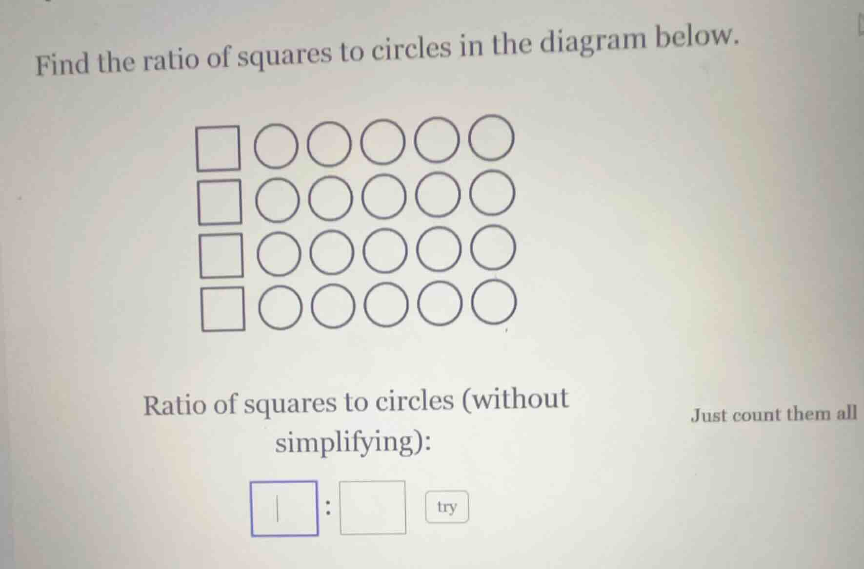 find the ratio of squares to circles in the diagram below. ratio of squ…
