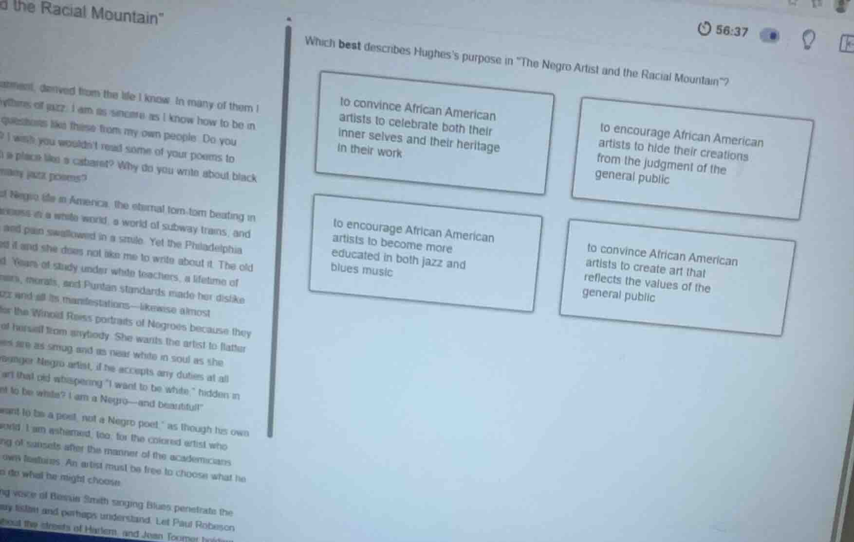 which best describes hughes’s purpose in “the negro artist and the raci…