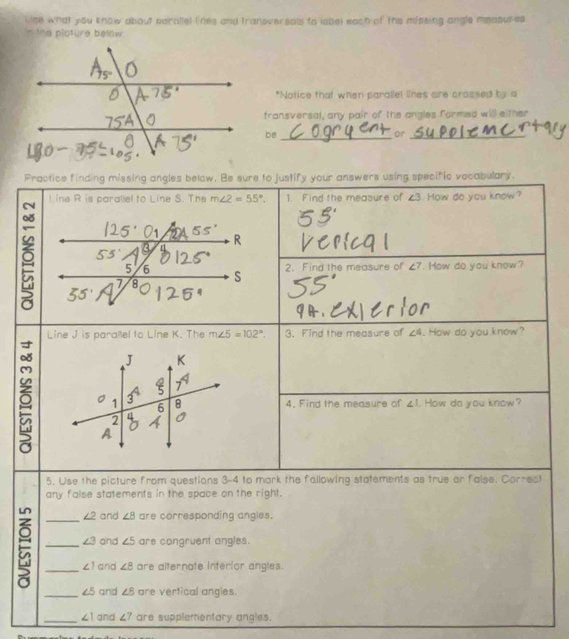 use what you know about parallel lines and transversals to label each o…