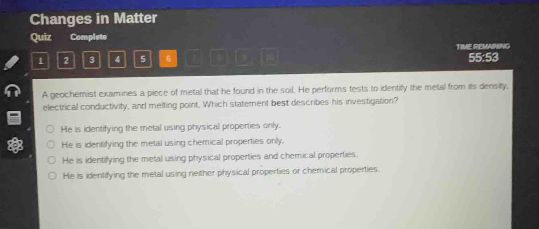 a geochemist examines a piece of metal that he found in the soil. he pe…