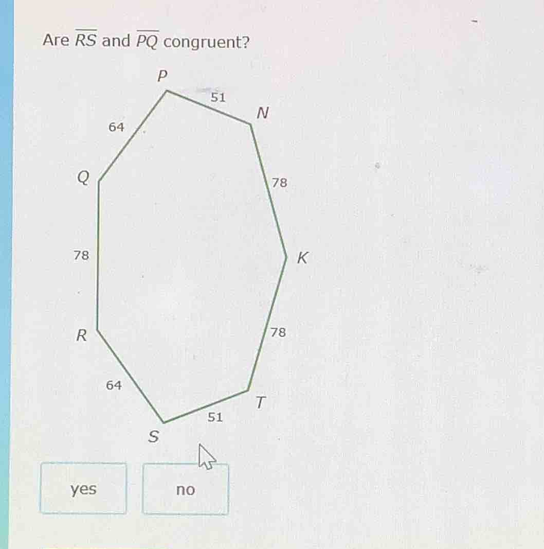 are \\(overline{rs}\\) and \\(overline{pq}\\) congruent? (there is a he…