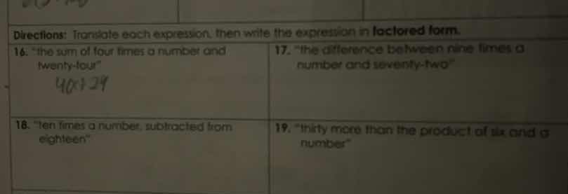 directions: translate each expression, then write the expression in fac…
