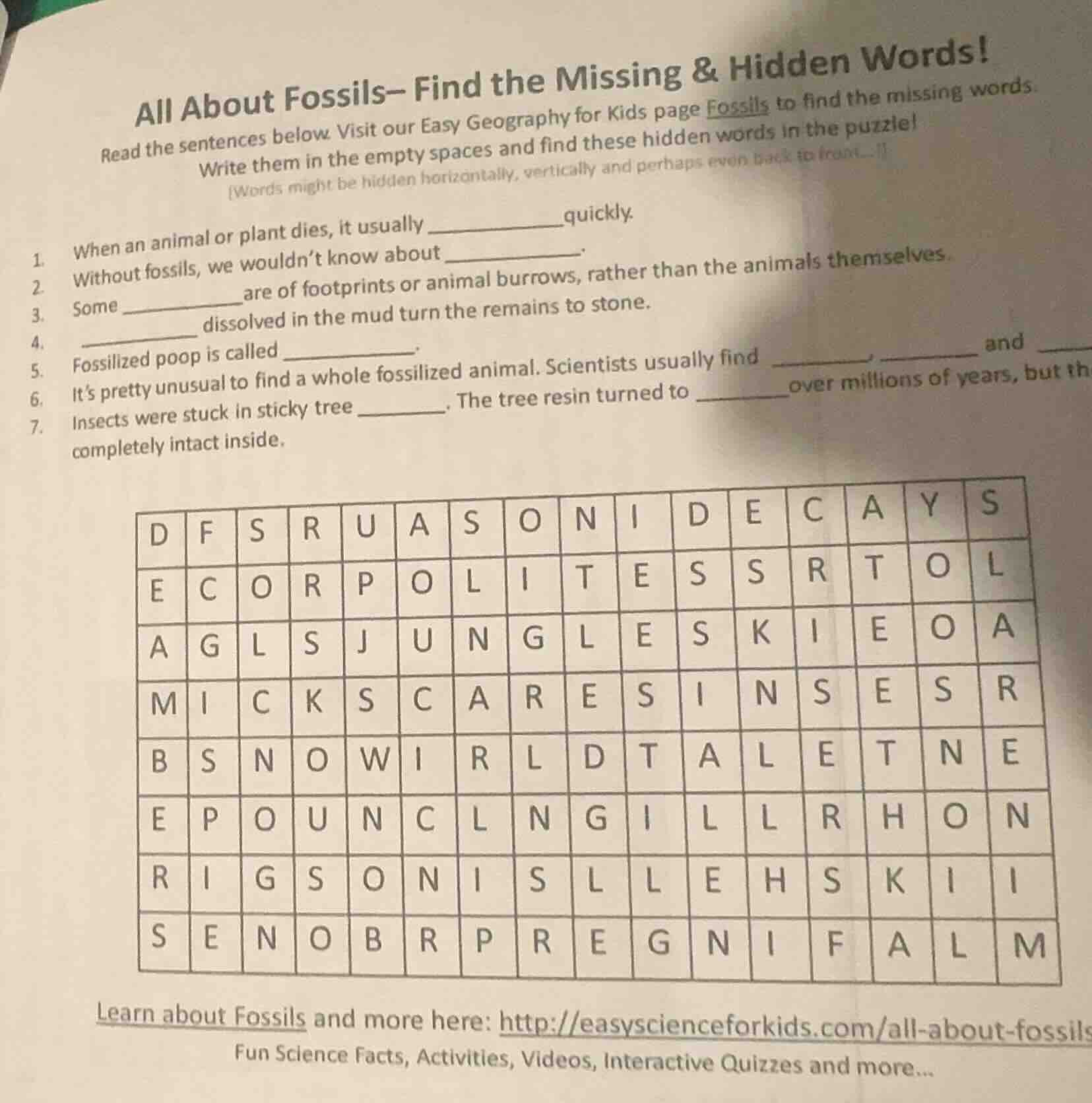 all about fossils—find the missing & hidden words! read the sentences b…