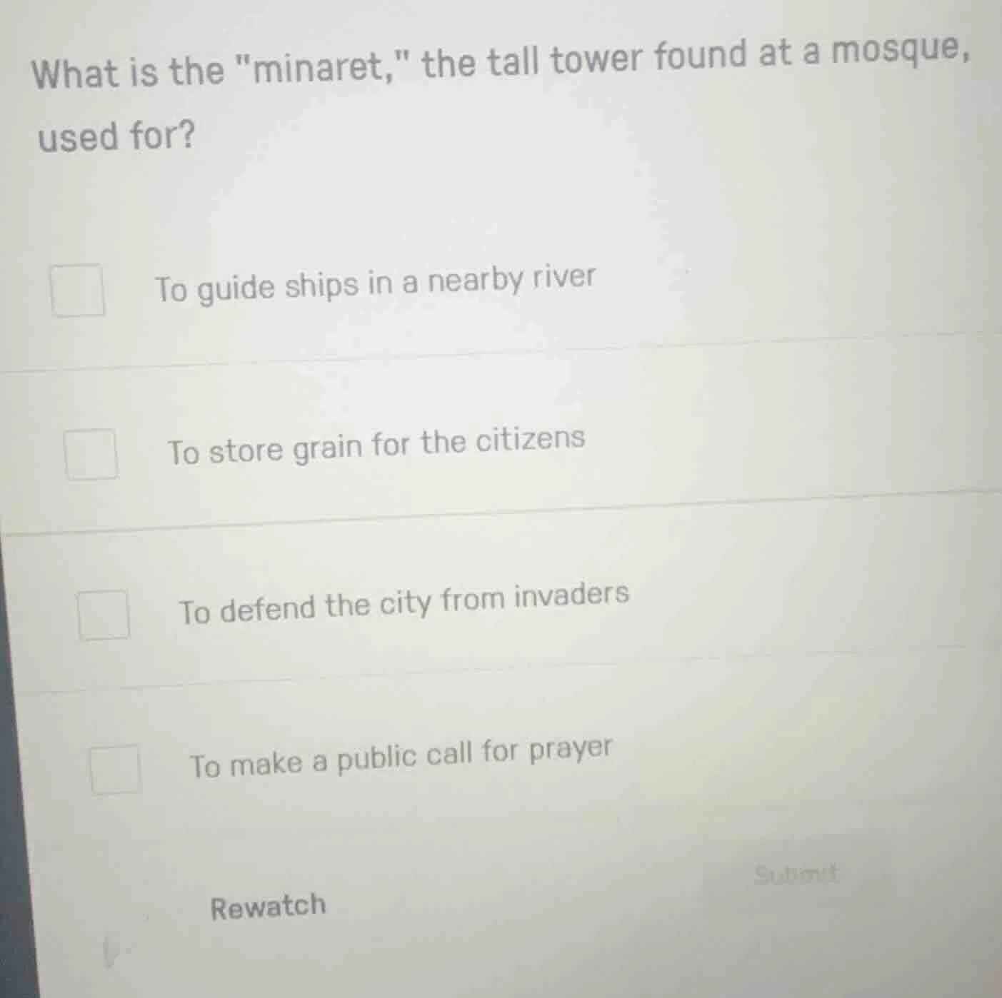 what is the \minaret,\ the tall tower found at a mosque, used for? to g…