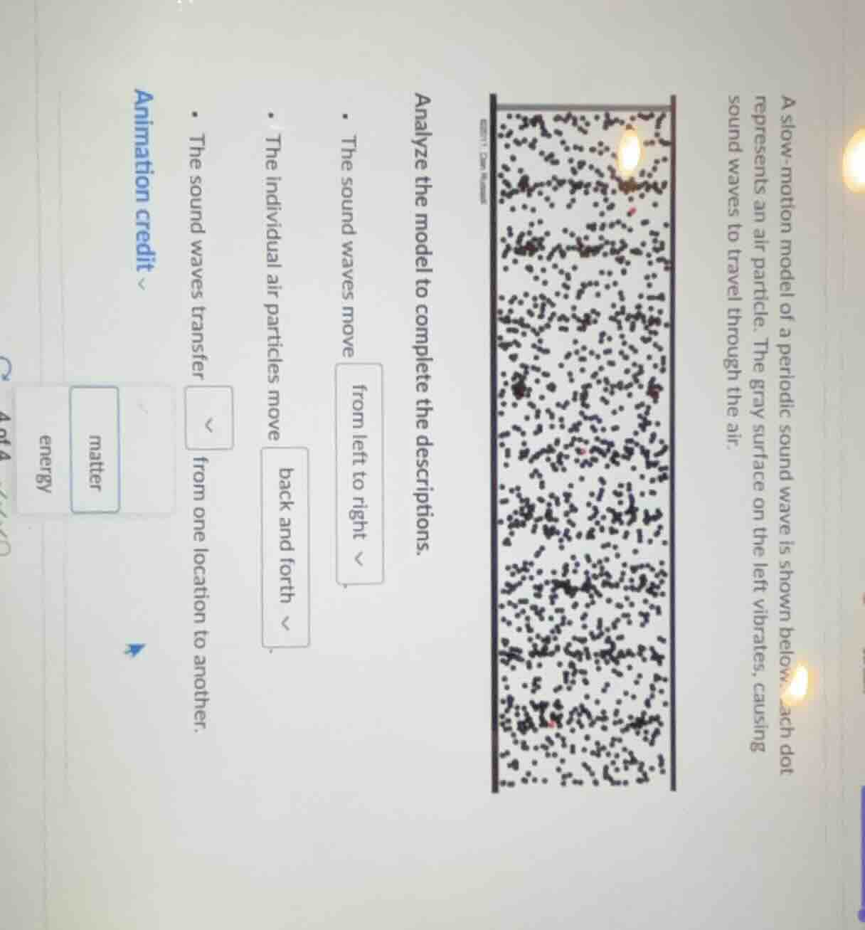 a slow-motion model of a periodic sound wave is shown below. each dot r…