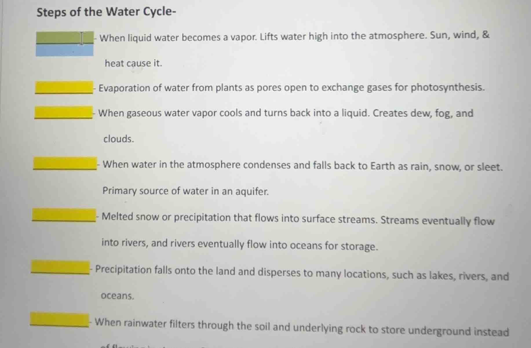 steps of the water cycle- - when liquid water becomes a vapor. lifts wa…