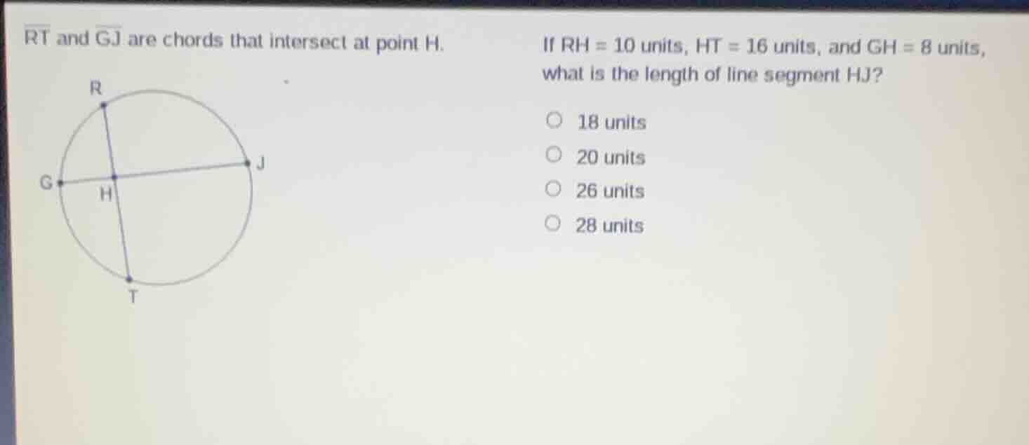 rt and gj are chords that intersect at point h. if rh = 10 units, ht = …