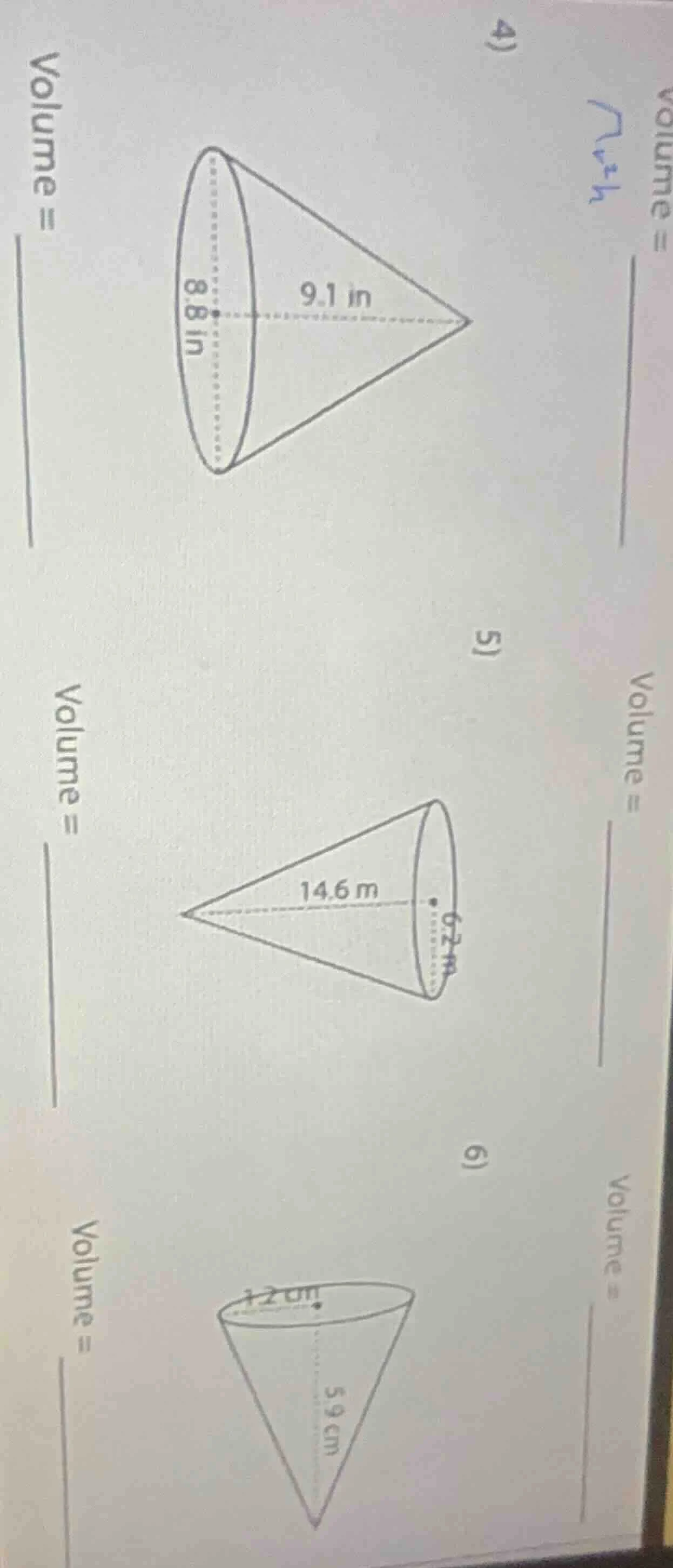 4) volume = (image of a cone with diameter 8.8 in and slant height 9.1 …