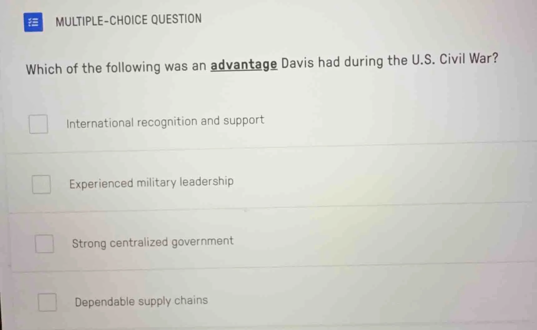 multiple-choice question which of the following was an advantage davis …