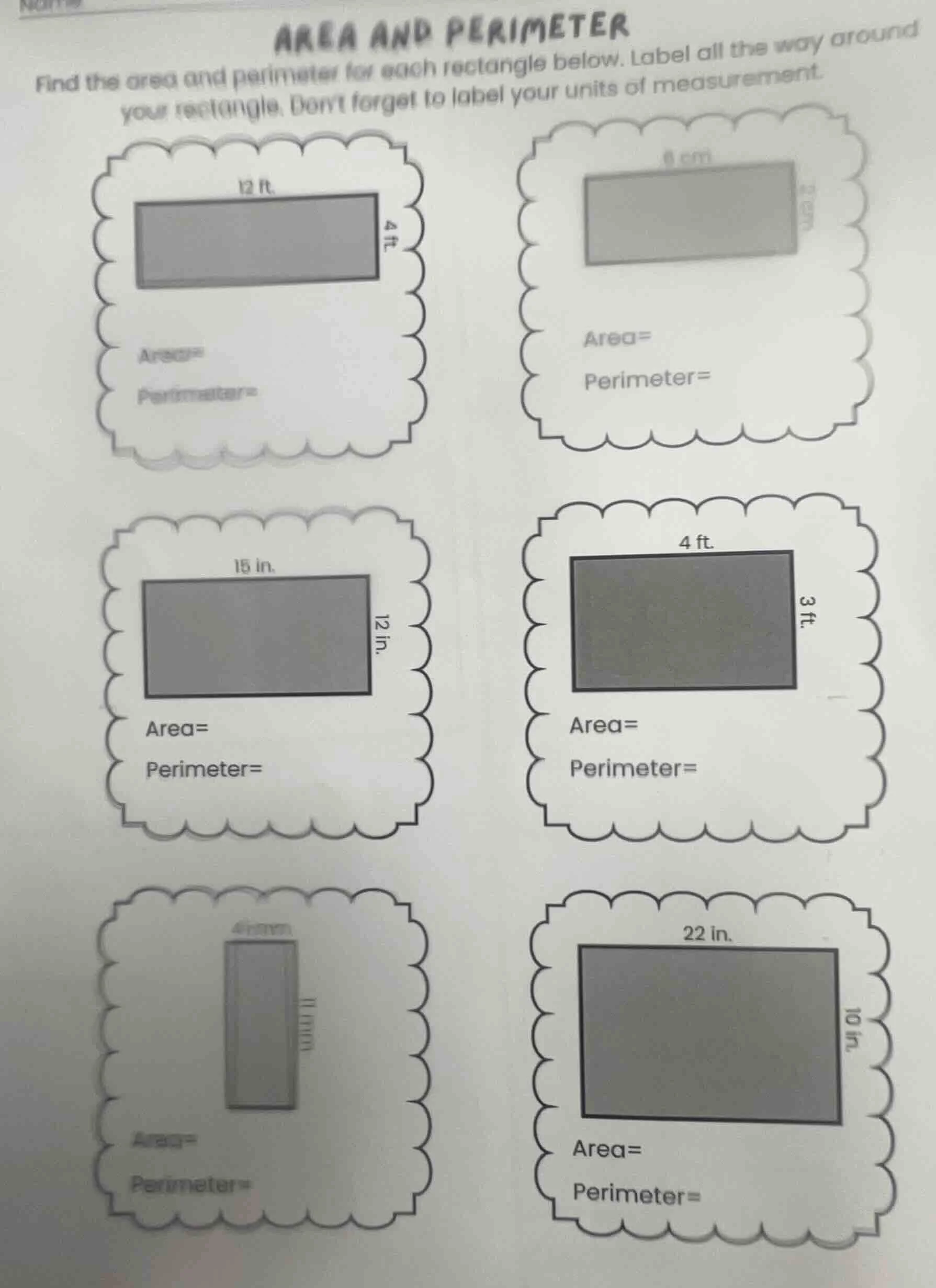 area and perimeter find the area and perimeter for each rectangle below…