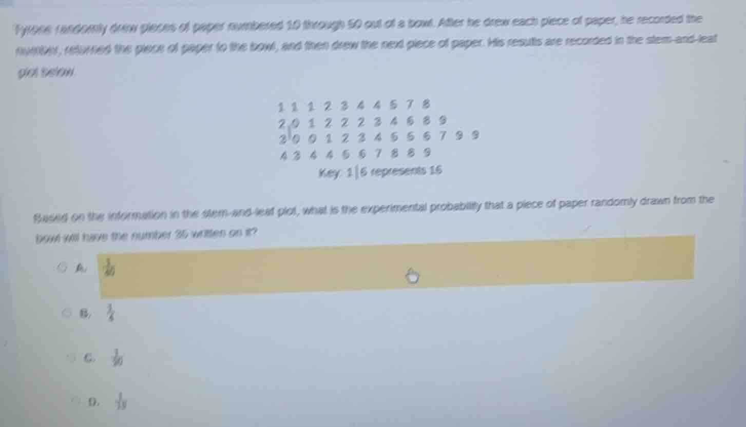 tyreek randomly drew pieces of paper numbered 10 through 50 out of a bo…