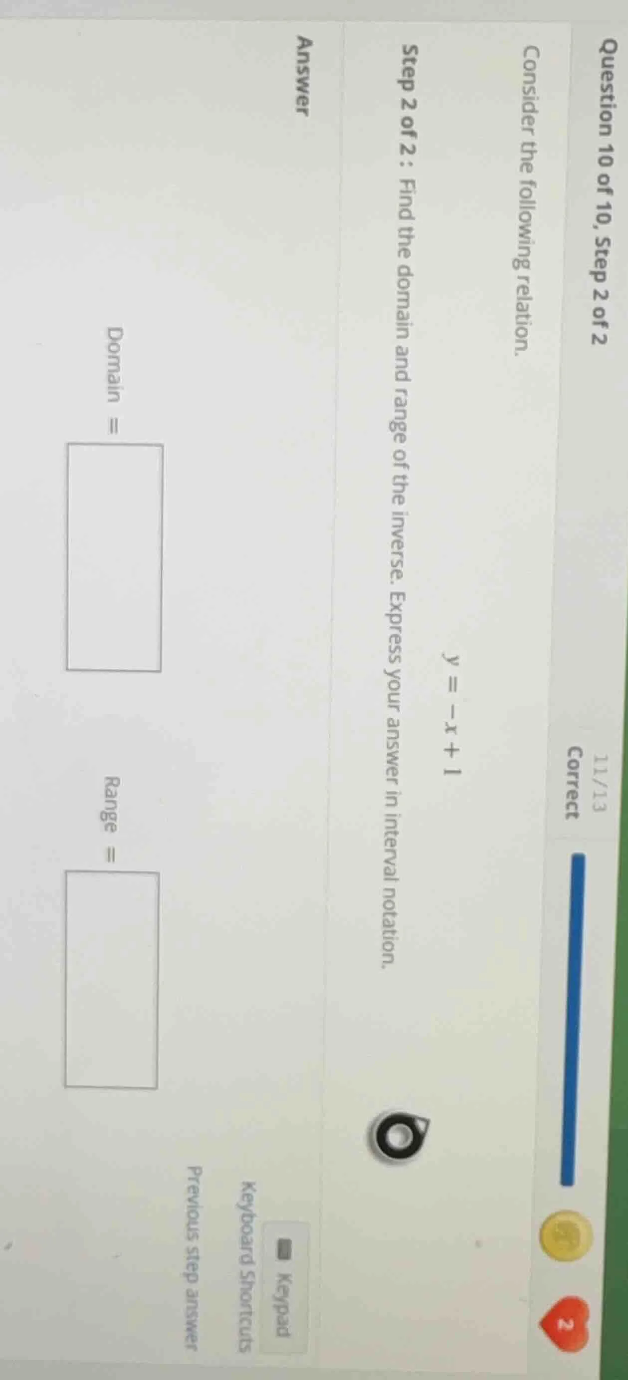 question 10 of 10, step 2 of 2 consider the following relation. ( y = -…