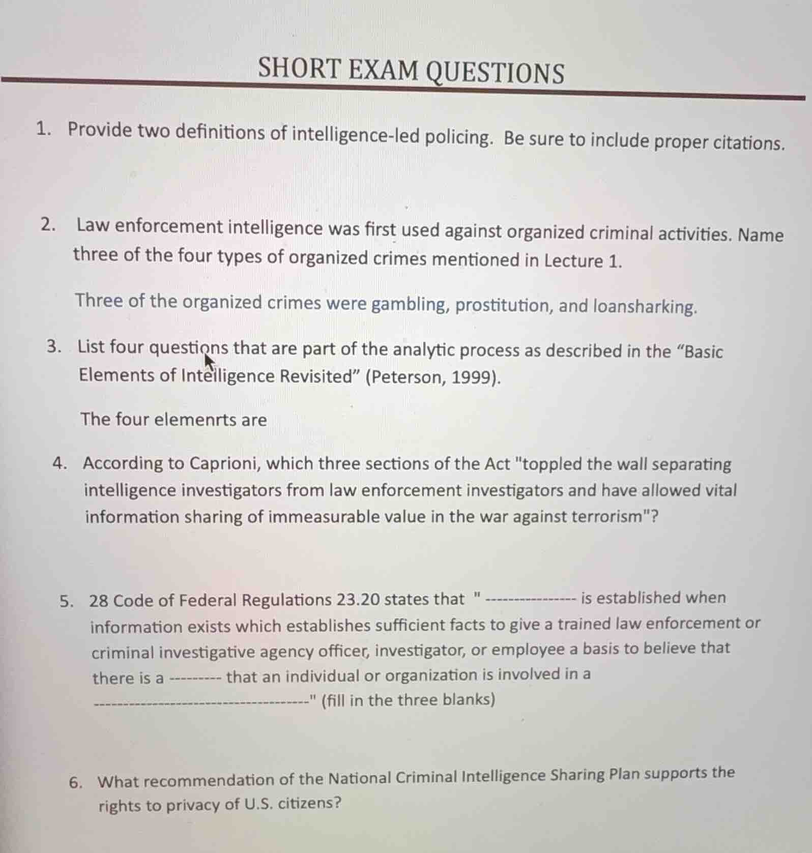 short exam questions 1. provide two definitions of intelligence - led p…