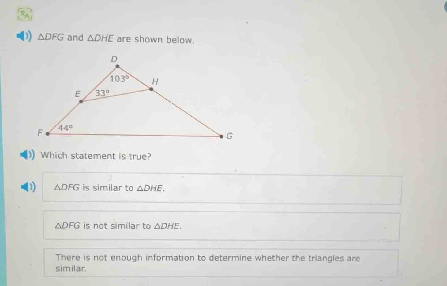 △dfg and △dhe are shown below. which statement is true? △dfg is similar…