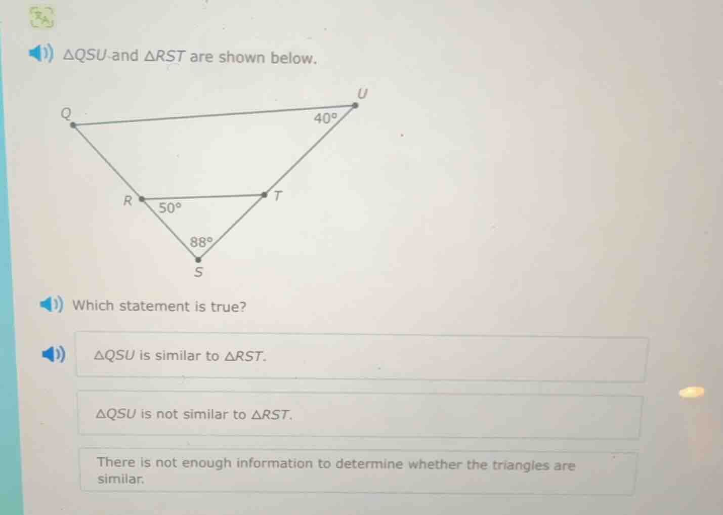 △qsu and △rst are shown below. which statement is true? △qsu is similar…