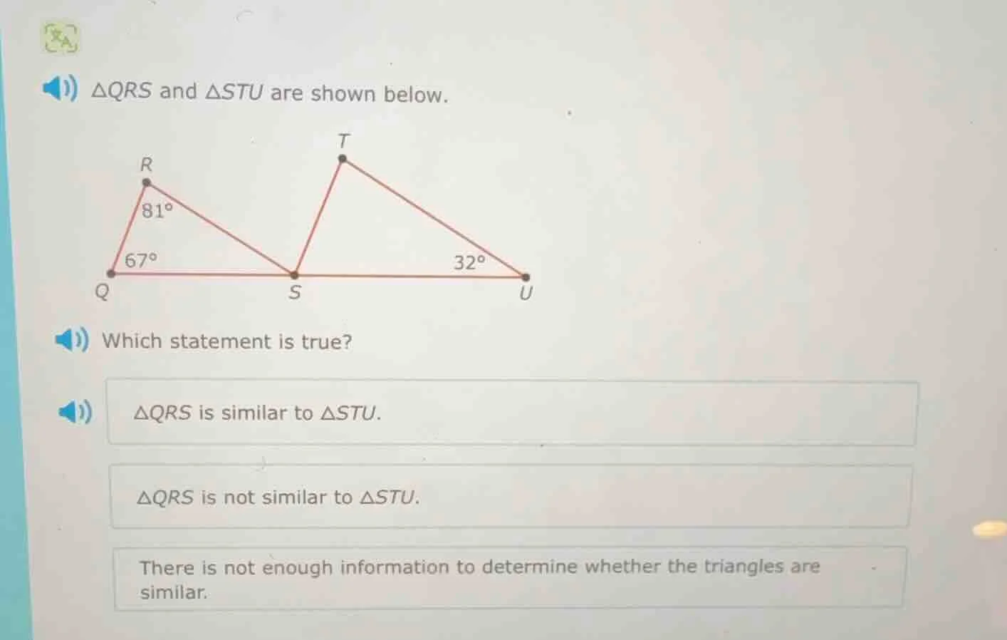 △qrs and △stu are shown below. which statement is true? △qrs is similar…