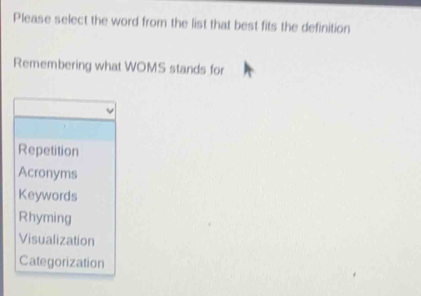 please select the word from the list that best fits the definition reme…