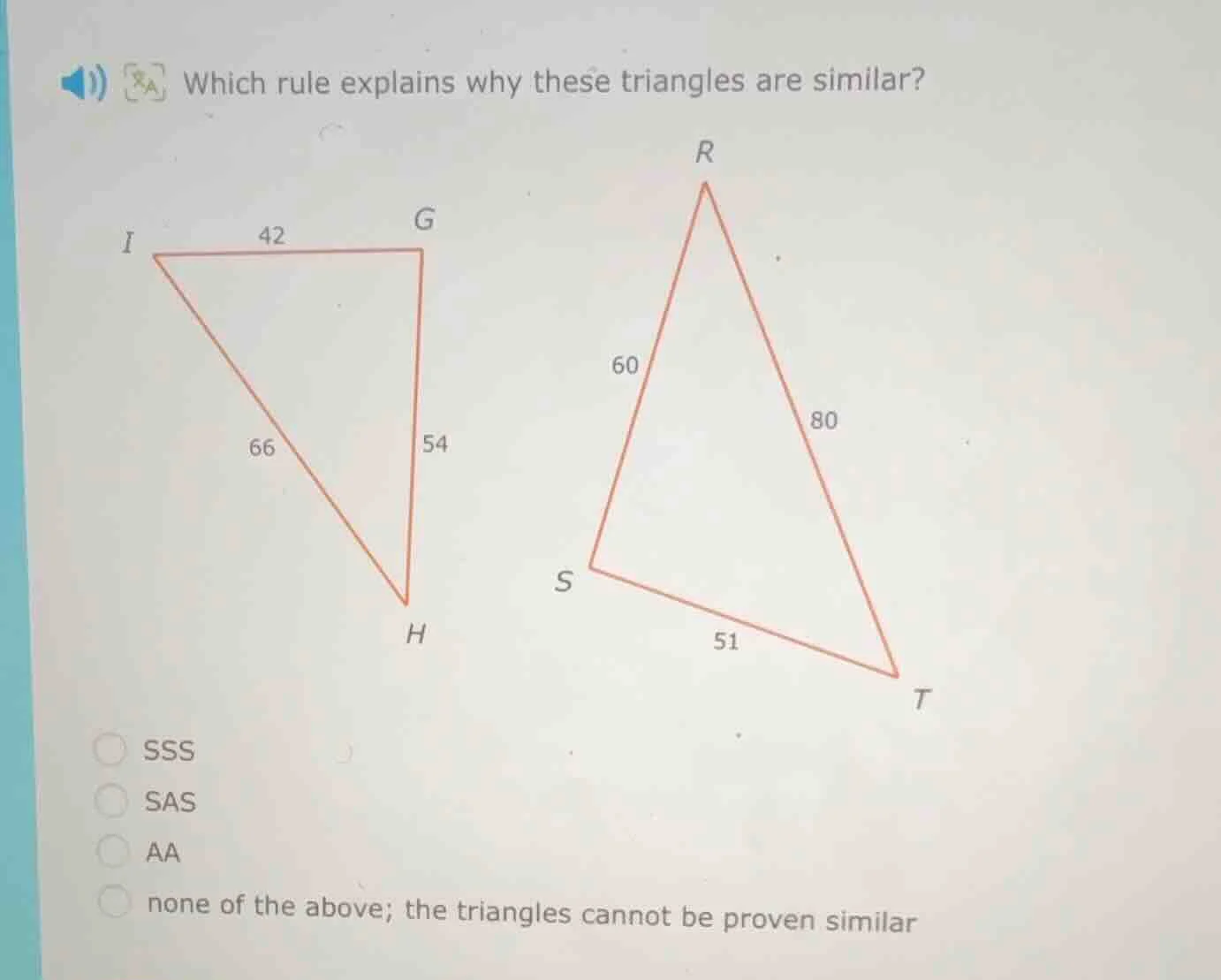 which rule explains why these triangles are similar? options: sss sas a…