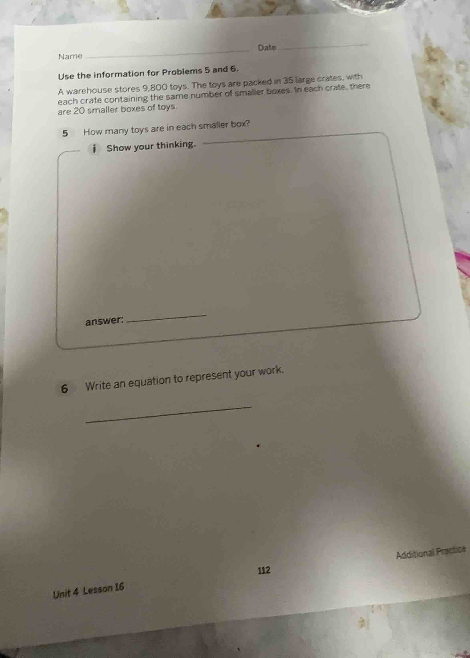 name date use the information for problems 5 and 6. a warehouse stores …