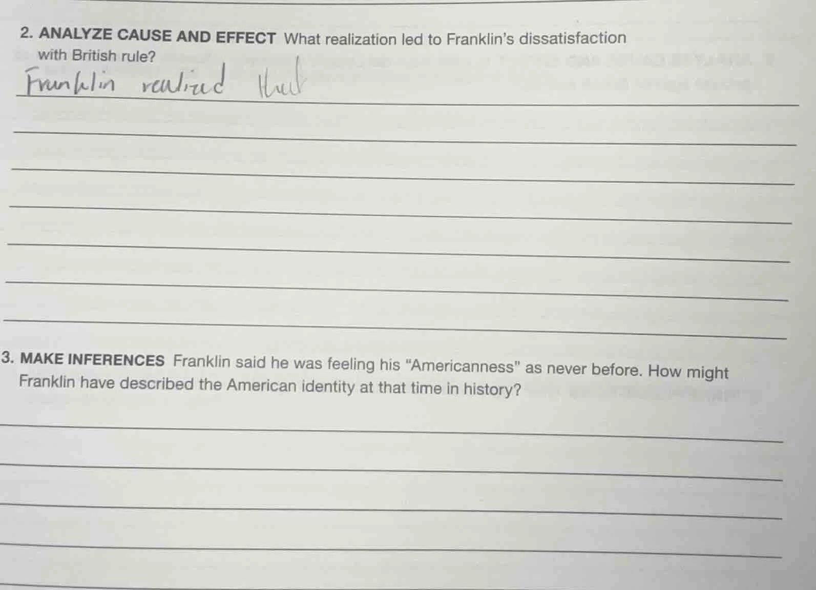 2. analyze cause and effect what realization led to franklins dissatisf…