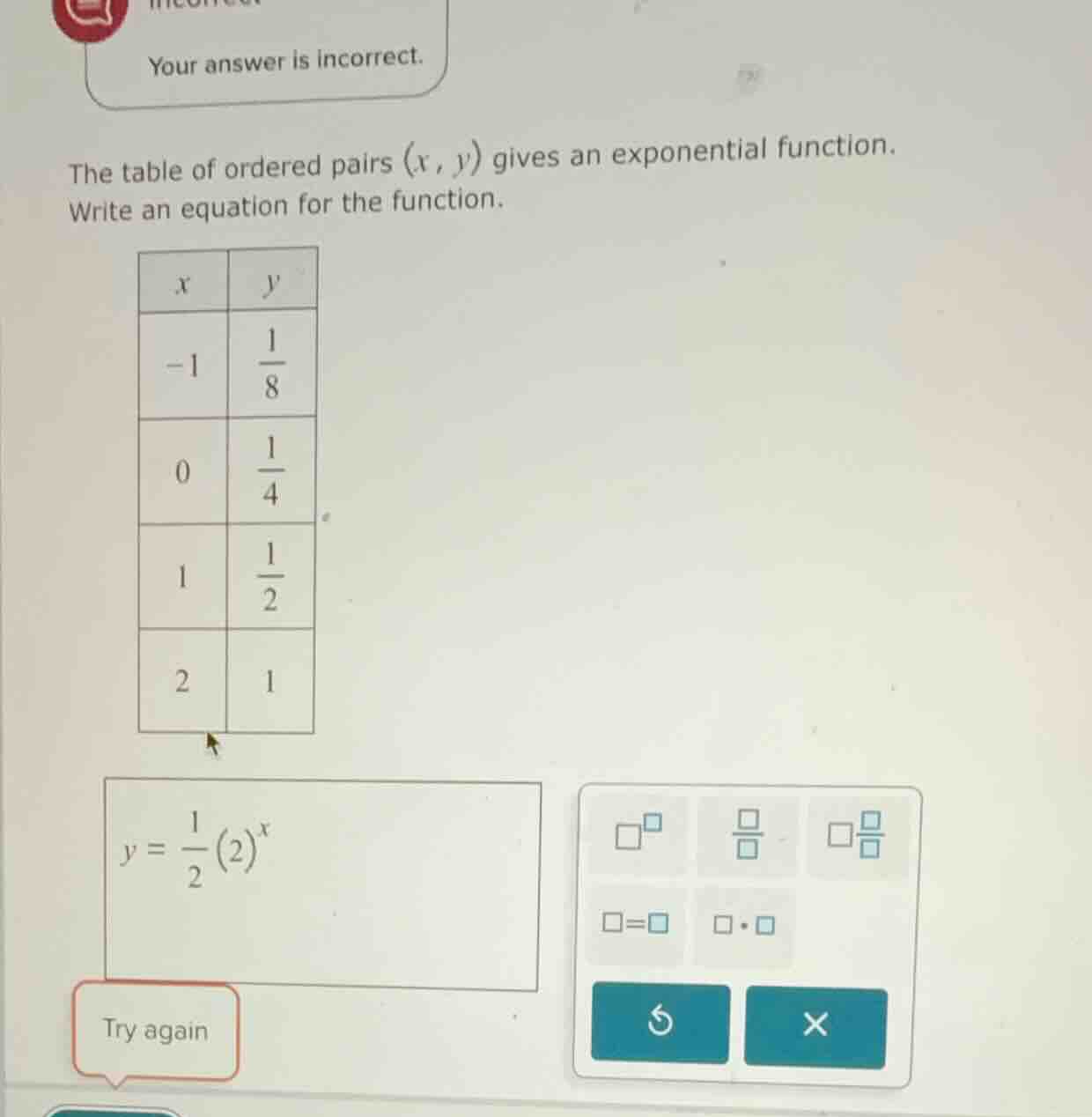your answer is incorrect. the table of ordered pairs ((x, y)) gives an …
