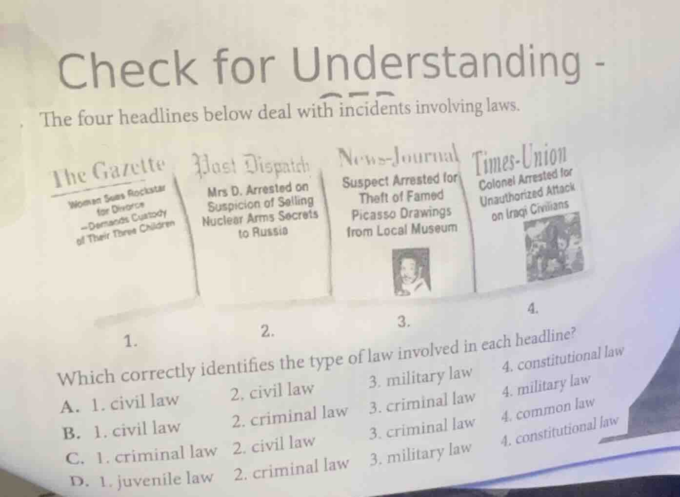 check for understanding - the four headlines below deal with incidents …