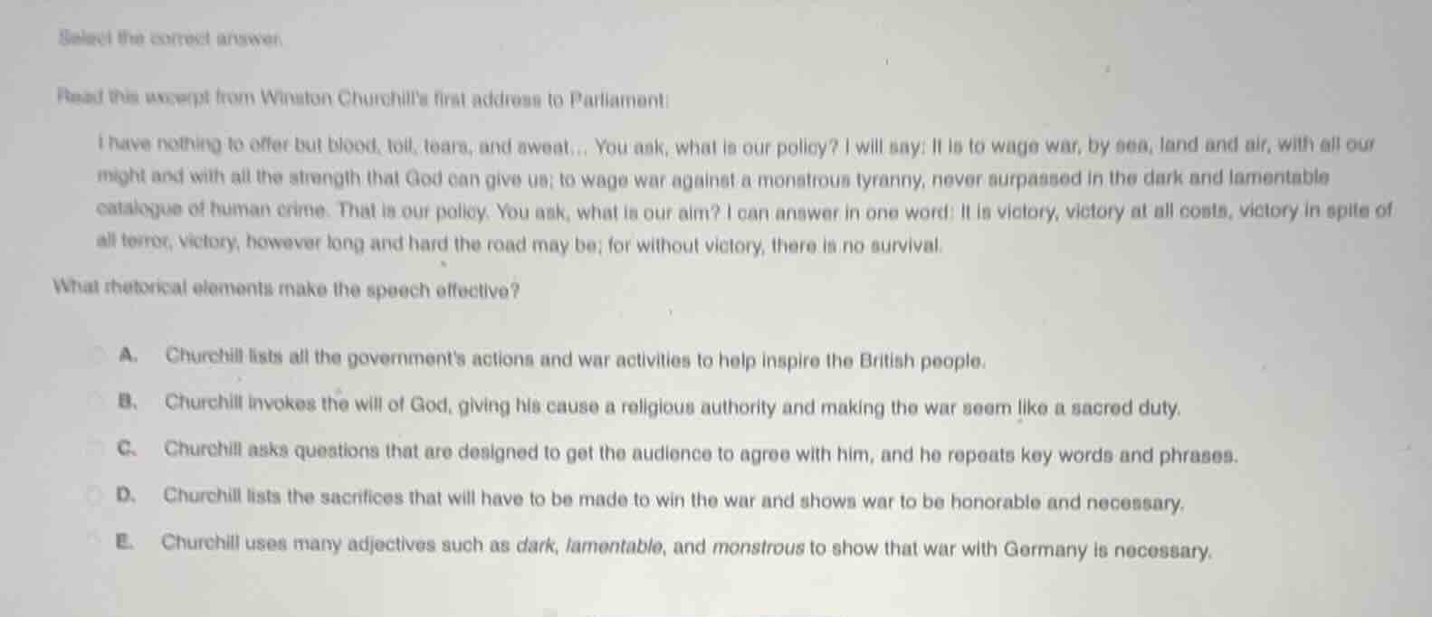 select the correct answer. read this excerpt from winston churchill’s f…