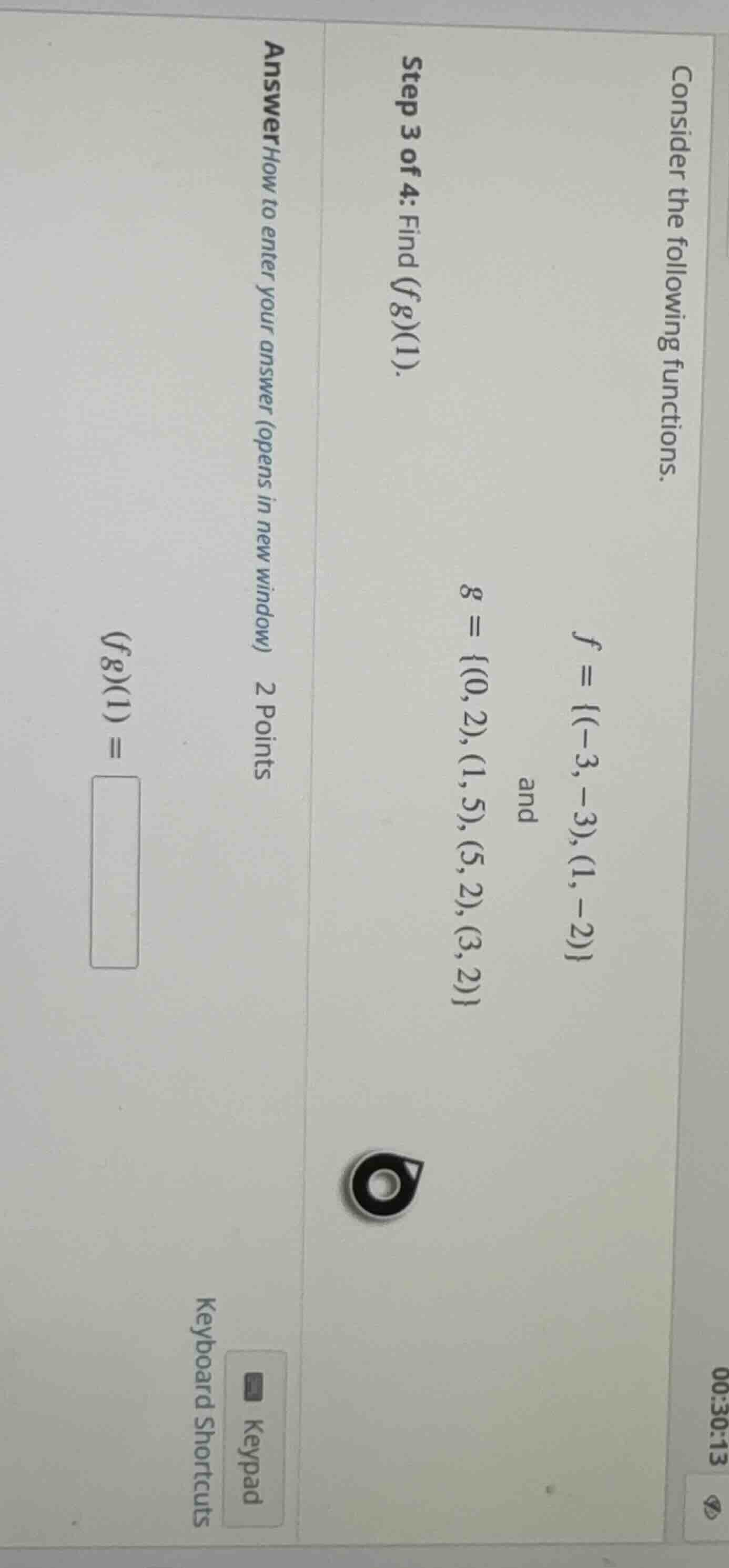 consider the following functions.\\( f = \\{(-3, -3), (1, -2)\\} \\) an…