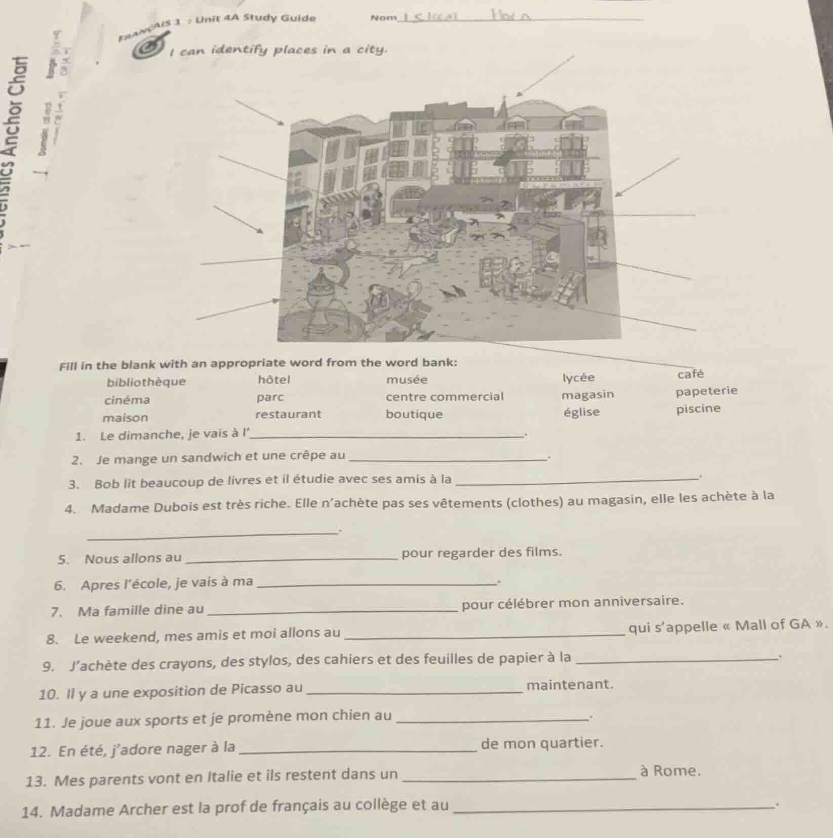 français 1 : unit 4a study guide nom i can identify places in a city. f…