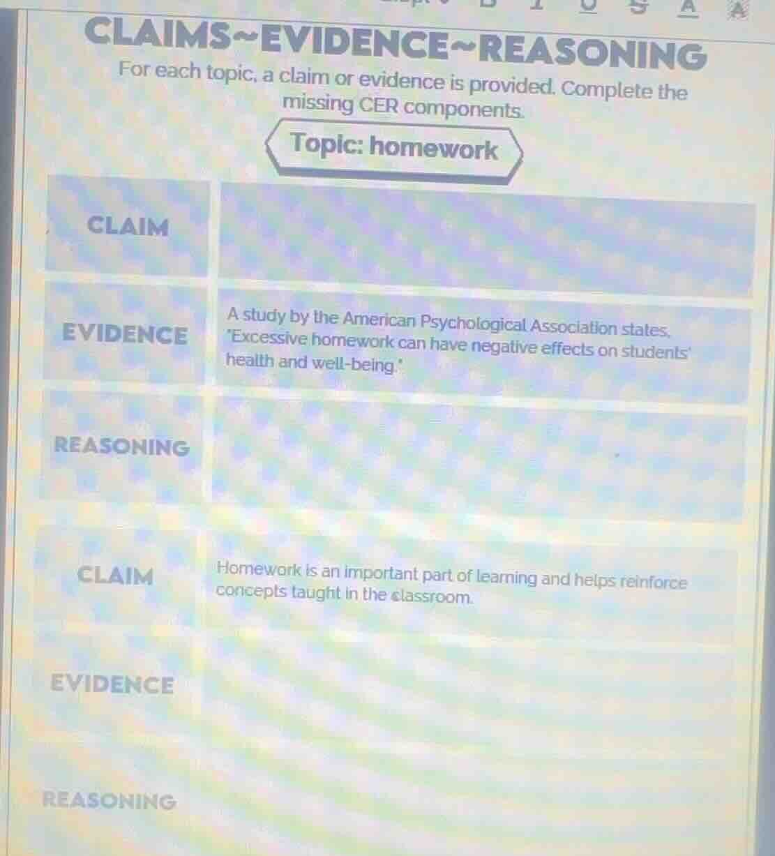 claims~evidence~reasoning for each topic, a claim or evidence is provid…