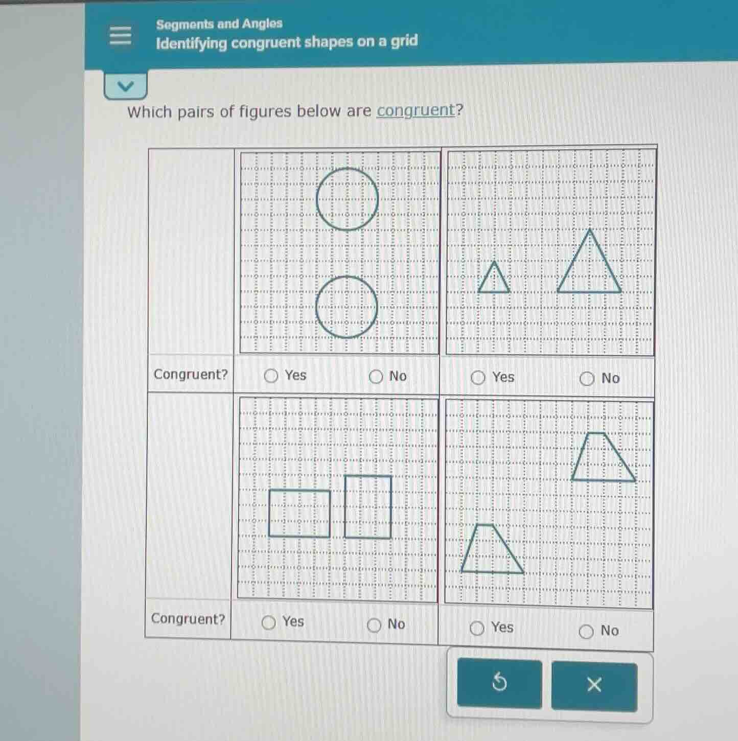 segments and angles identifying congruent shapes on a grid which pairs …