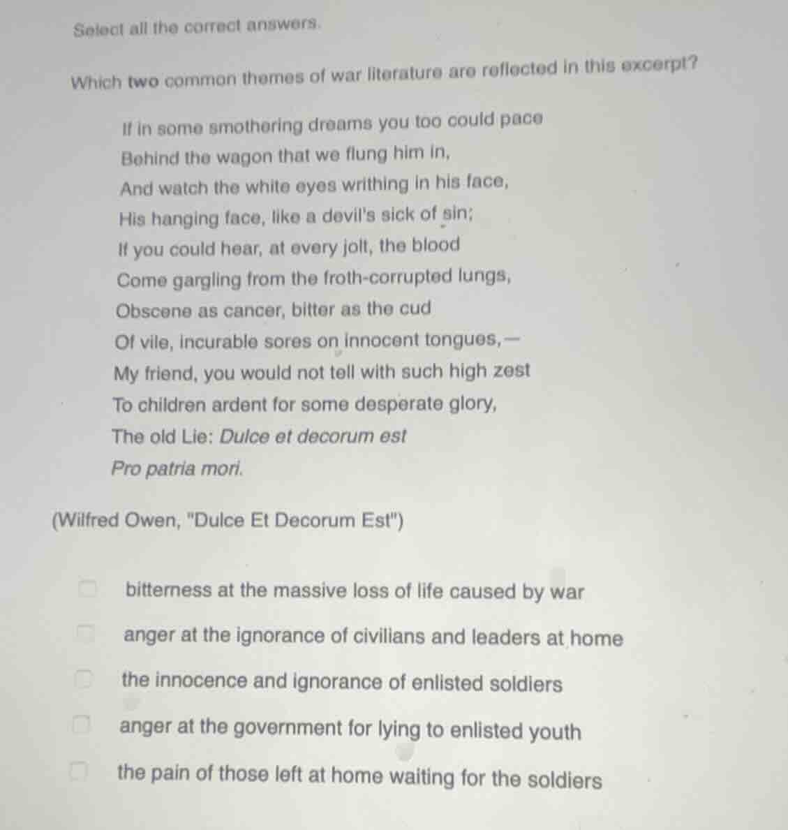 select all the correct answers. which two common themes of war literatu…
