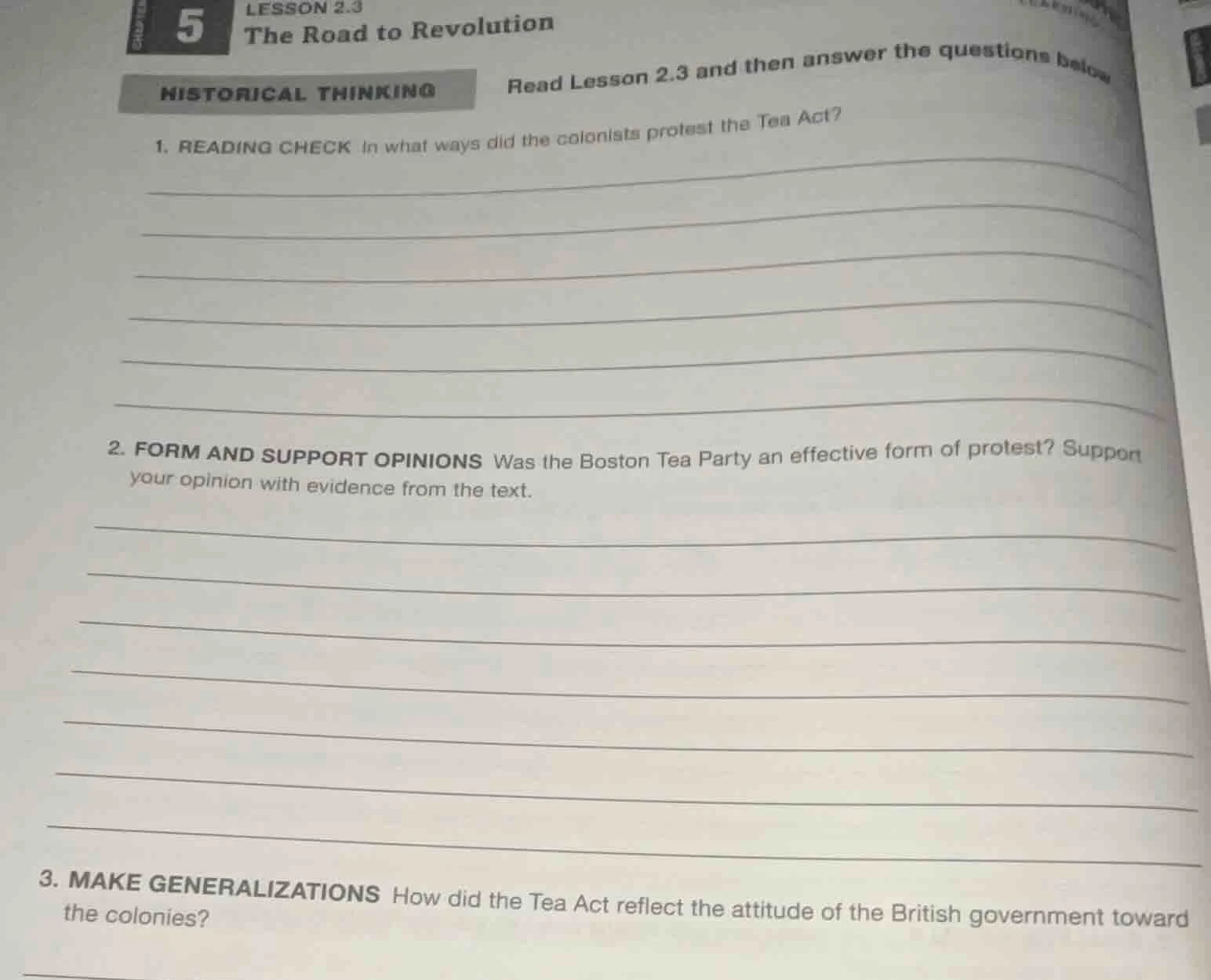 chapter 5 lesson 2.3 the road to revolution historical thinking read le…