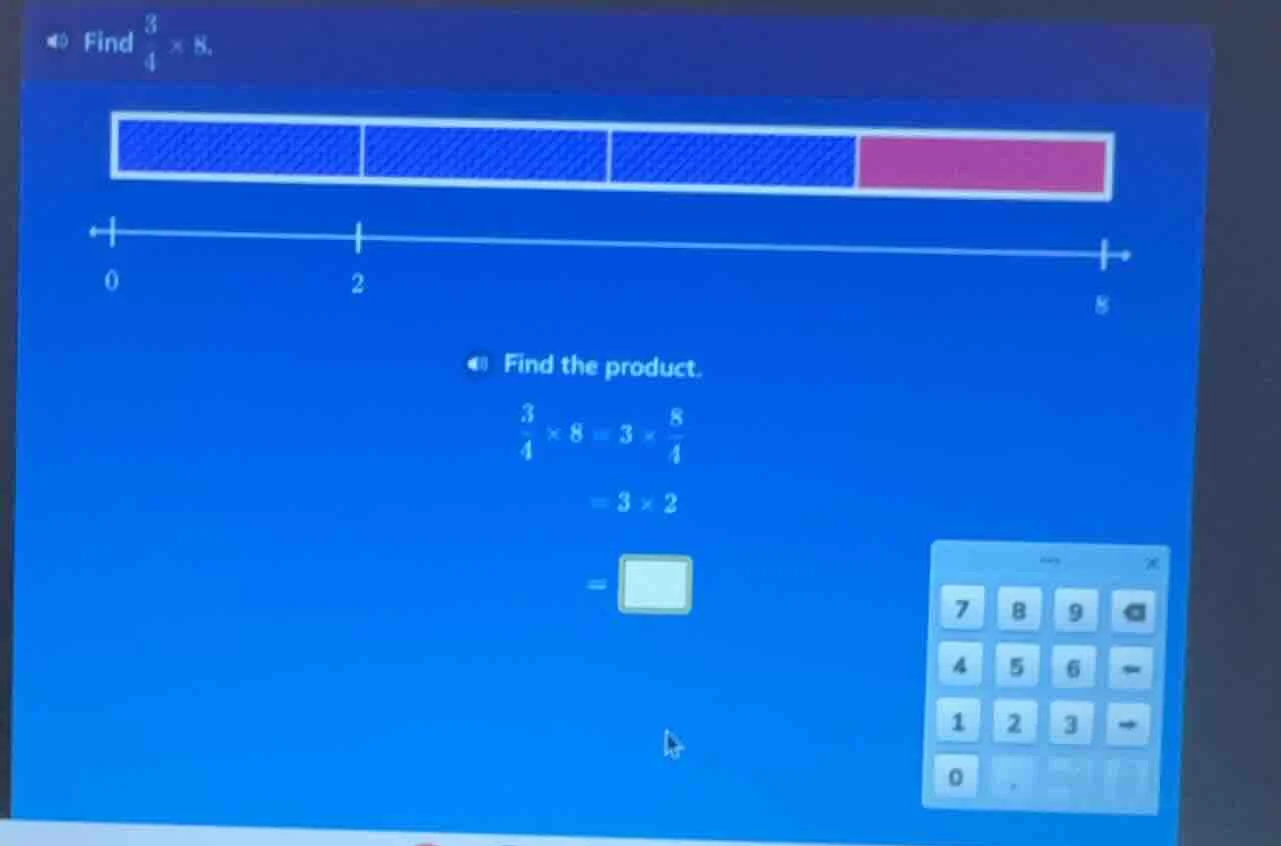 find \\(\frac{3}{4} \\times 8\\). find the product. \\(\\frac{3}{4} \\t…