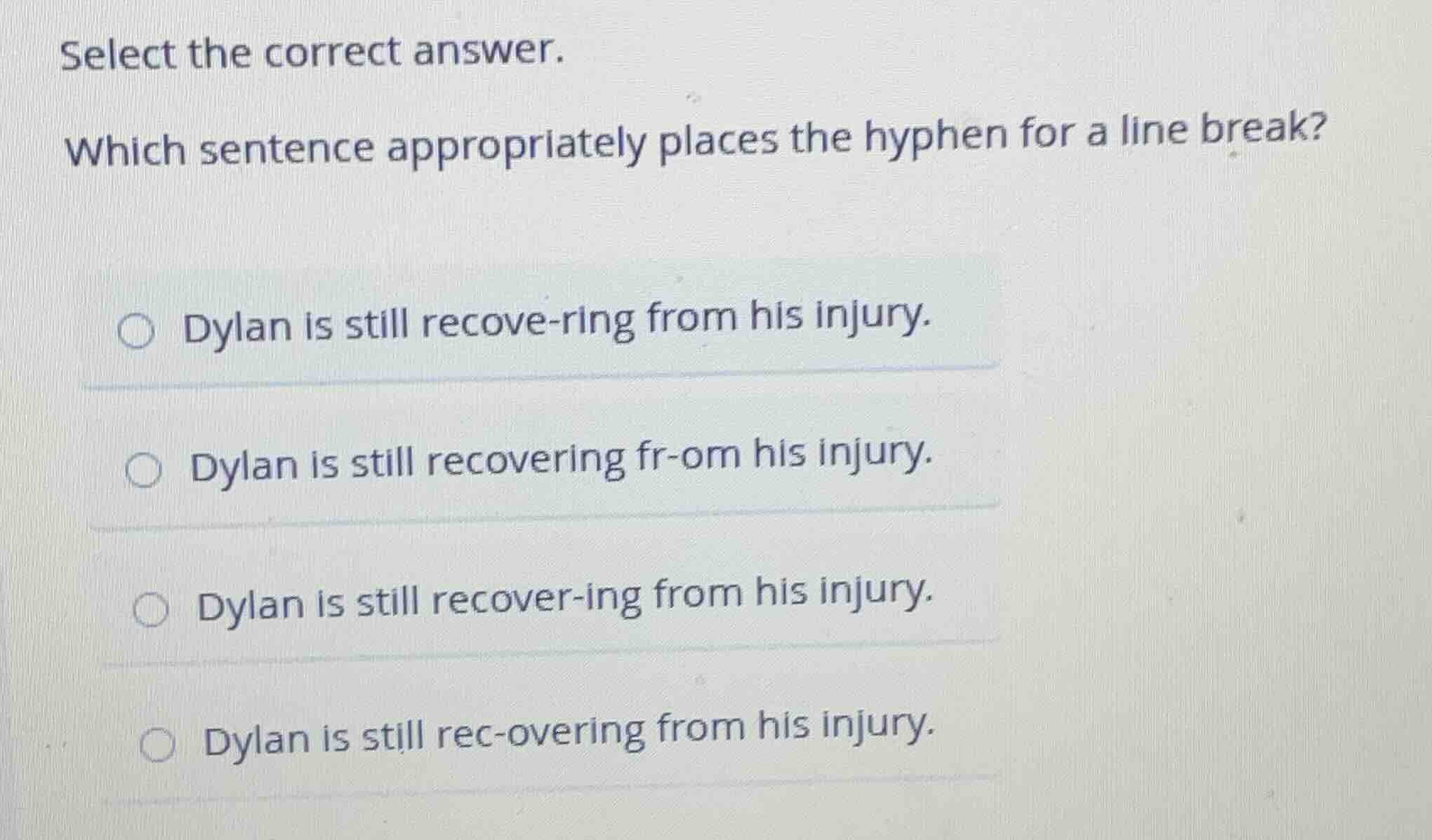select the correct answer. which sentence appropriately places the hyph…