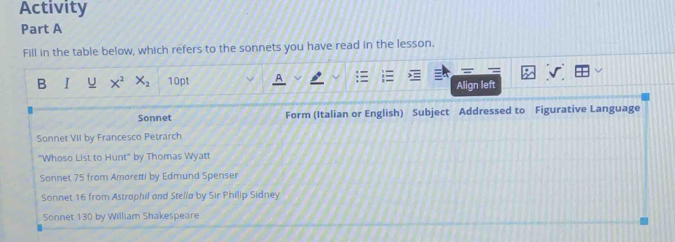 activity part a fill in the table below, which refers to the sonnets yo…