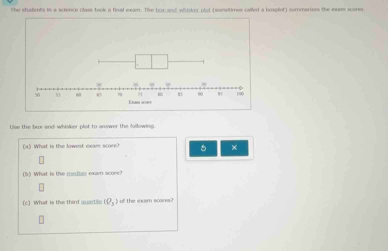 the students in a science class took a final exam. the box - and - whis…