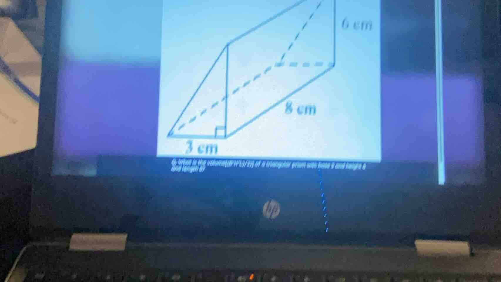 q: what is the volume (in cm³) of a triangular prism with base 3 and he…