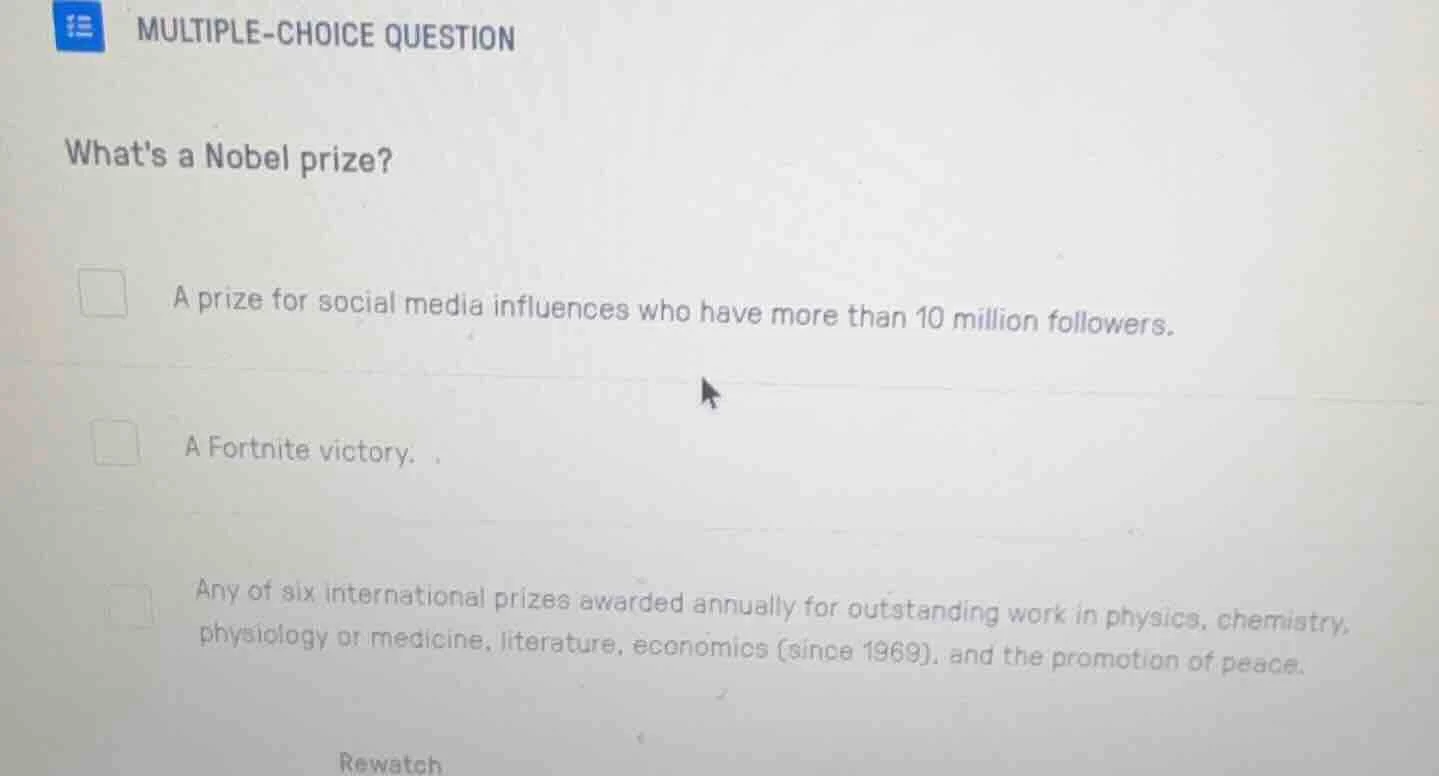 multiple-choice question whats a nobel prize? a prize for social media …