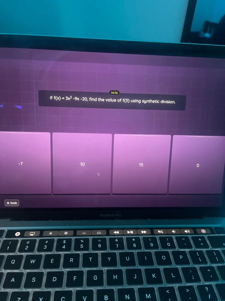 if $f(x) = 3x^2 - 9x - 20$, find the value of $f(5)$ using synthetic di…