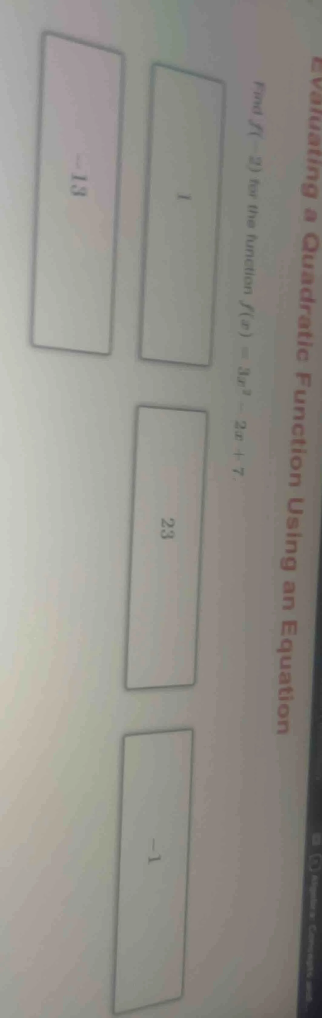 evaluating a quadratic function using an equation\\find $f(-2)$ for the…
