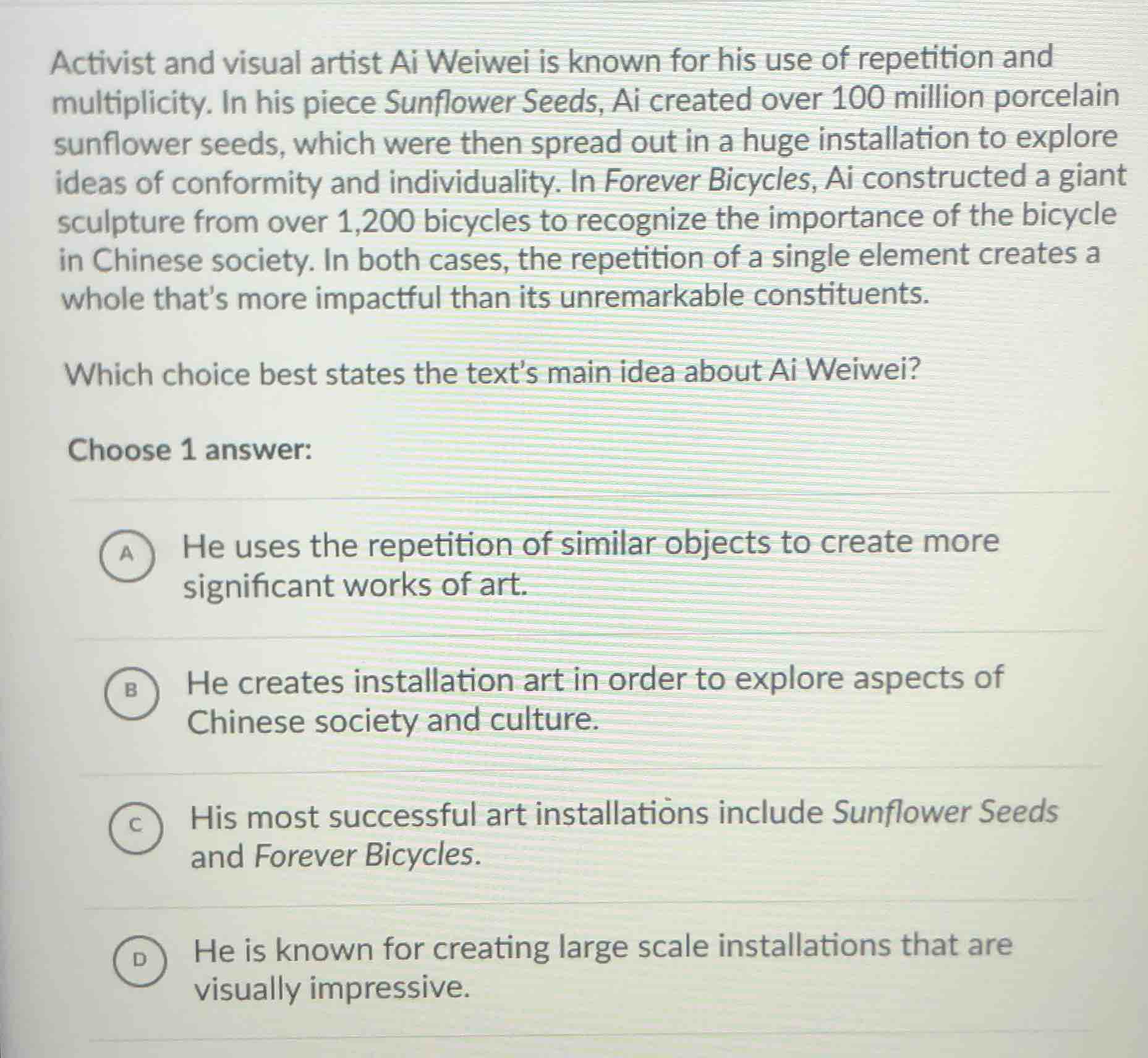 activist and visual artist ai weiwei is known for his use of repetition…