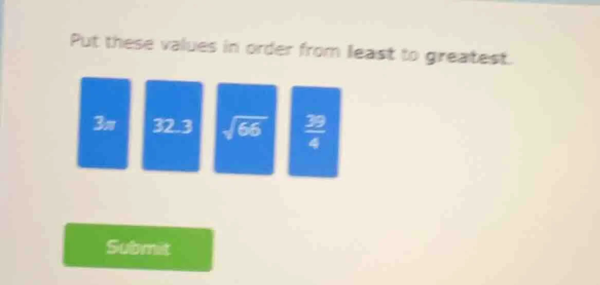 put these values in order from least to greatest. 3π 32.3 √66 39/4