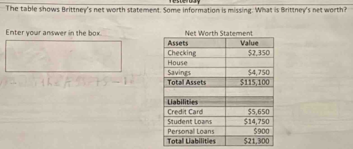 the table shows brittney’s net worth statement. some information is mis…