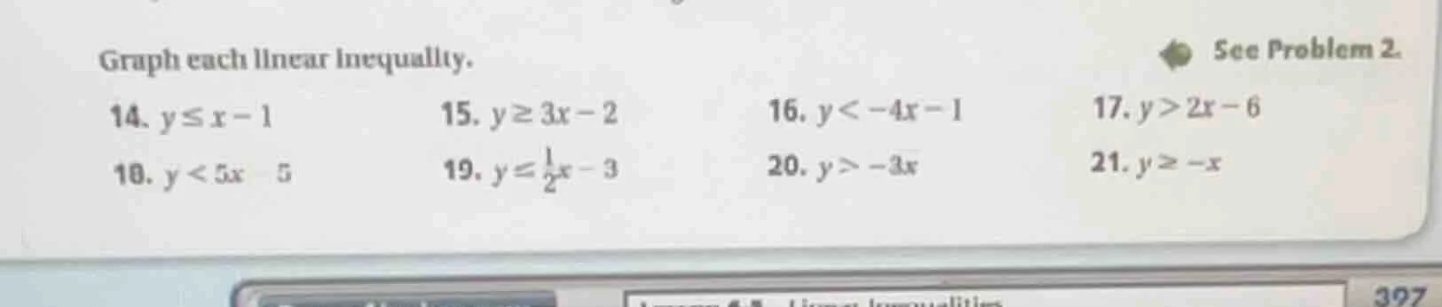 graph each linear inequality. 14. ( y leq x - 1 ) 15. ( y geq 3x - 2 ) …