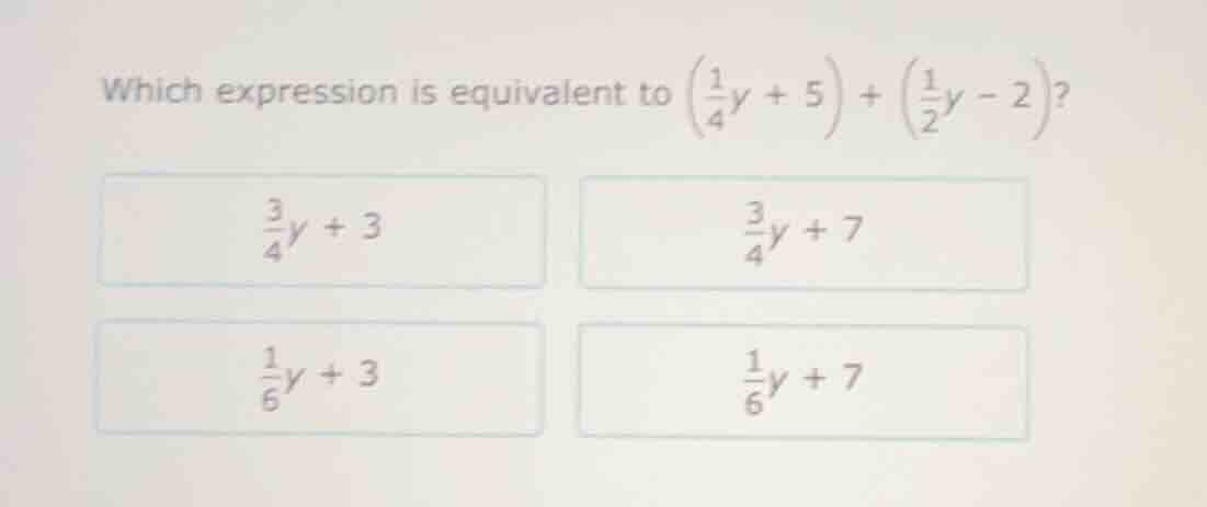 which expression is equivalent to \\(\\left(\\frac{1}{4}y + 5\ ight) + …