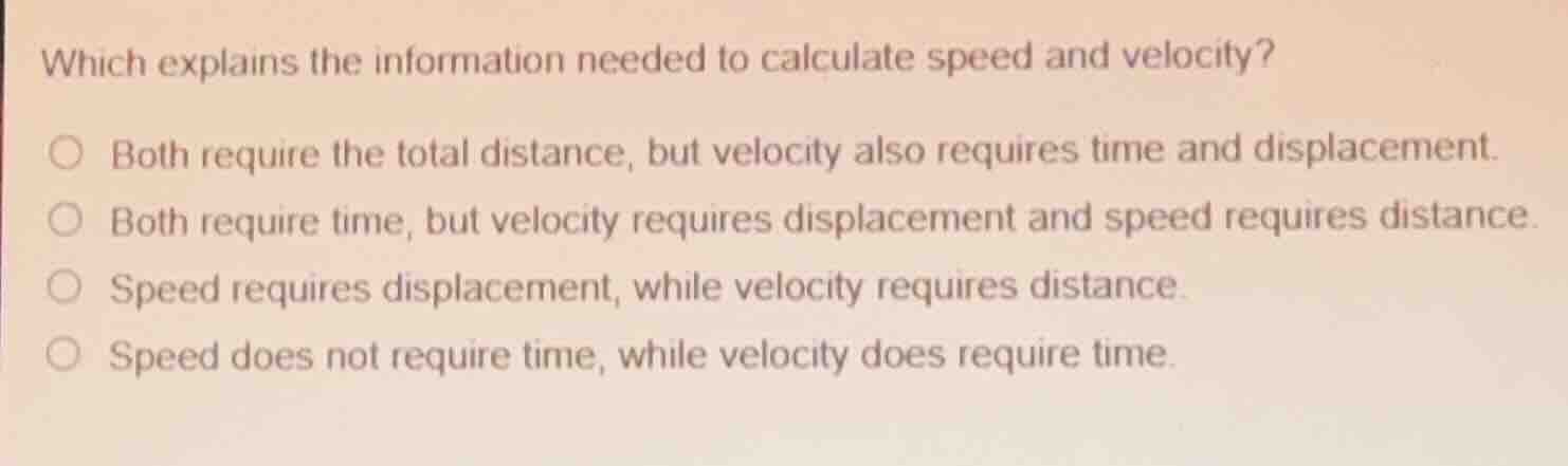 which explains the information needed to calculate speed and velocity? …