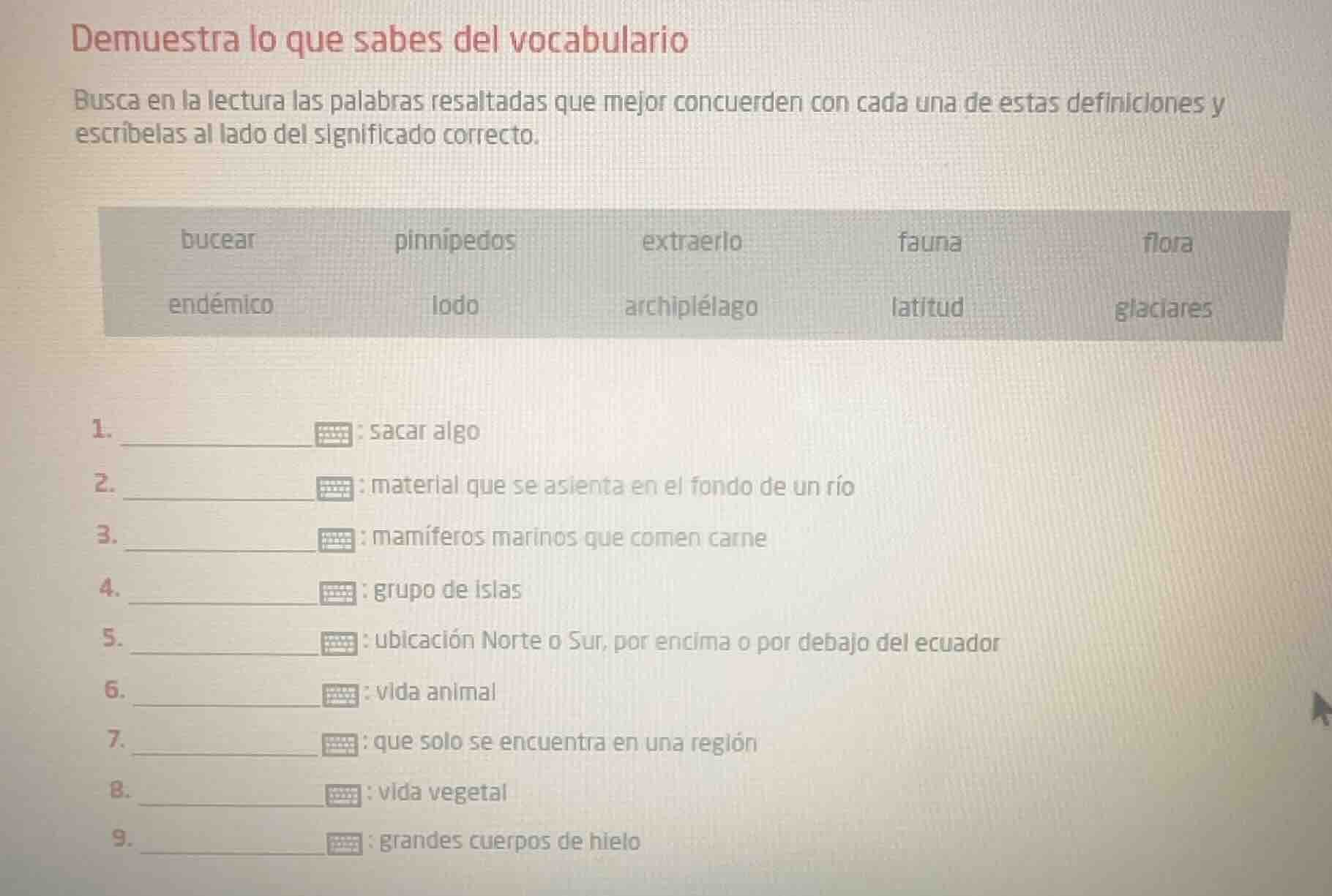 demuestra lo que sabes del vocabulario busca en la lectura las palabras…