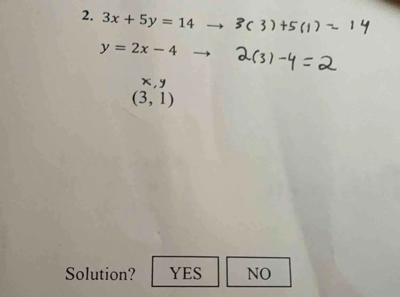 2. $3x + 5y = 14$ → $3(3)+5(1)=14$ $y = 2x - 4$ → $2(3)-4=2$ $(3,1)$ so…